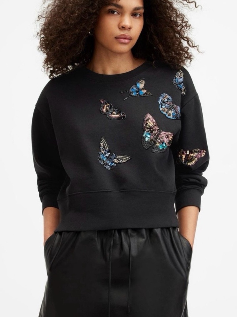 AllSaints Black Butterfly Embellished Crew Sweatshirt
